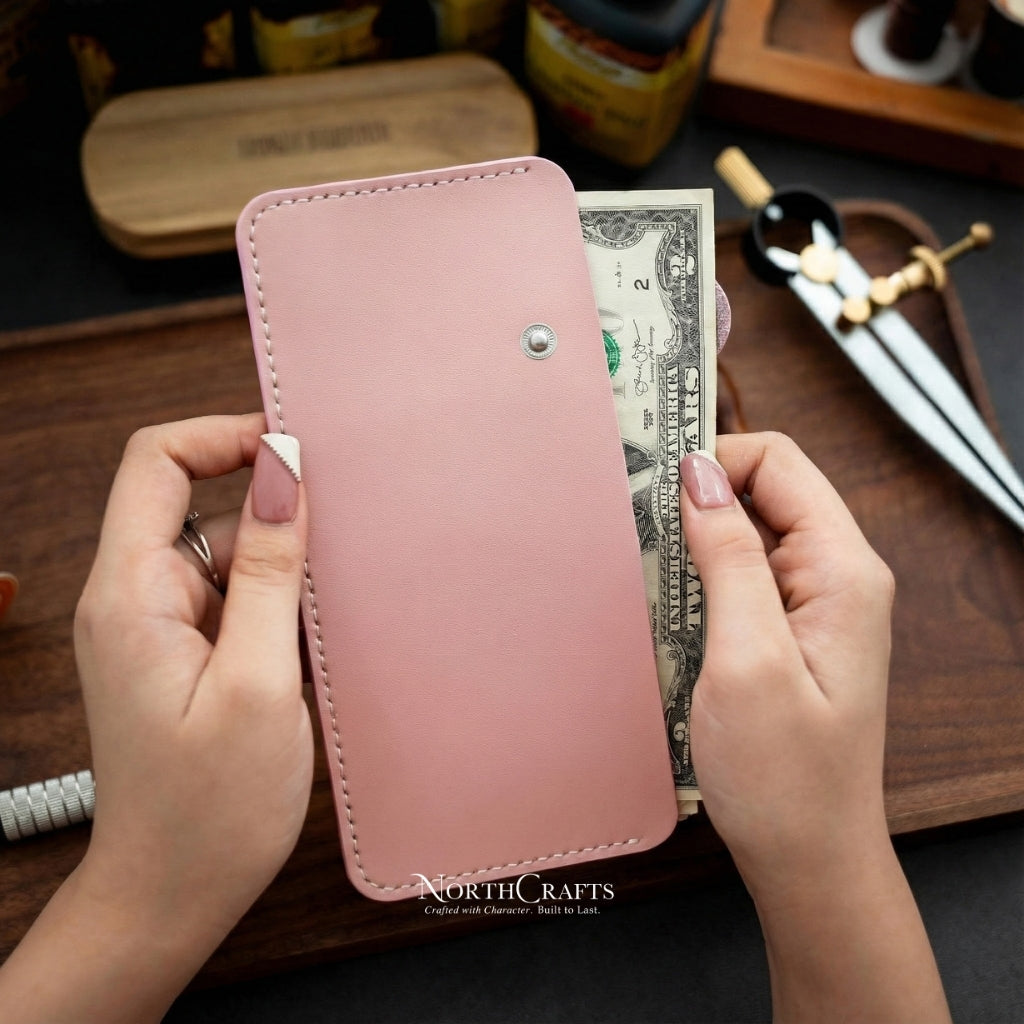 Birth Flower A7 Cash Envelope Long Leather Wallet – Personalized Handmade – NorthCrafts