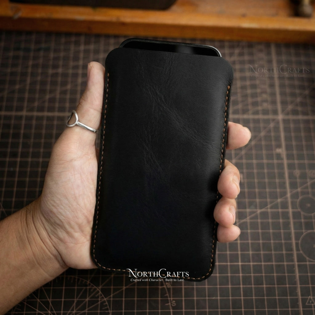 Black Full-Grain Leather Phone Sleeve for Samsung Galaxy Z, S, A & M Series – Personalized Handmade – NorthCrafts | NorthCrafts