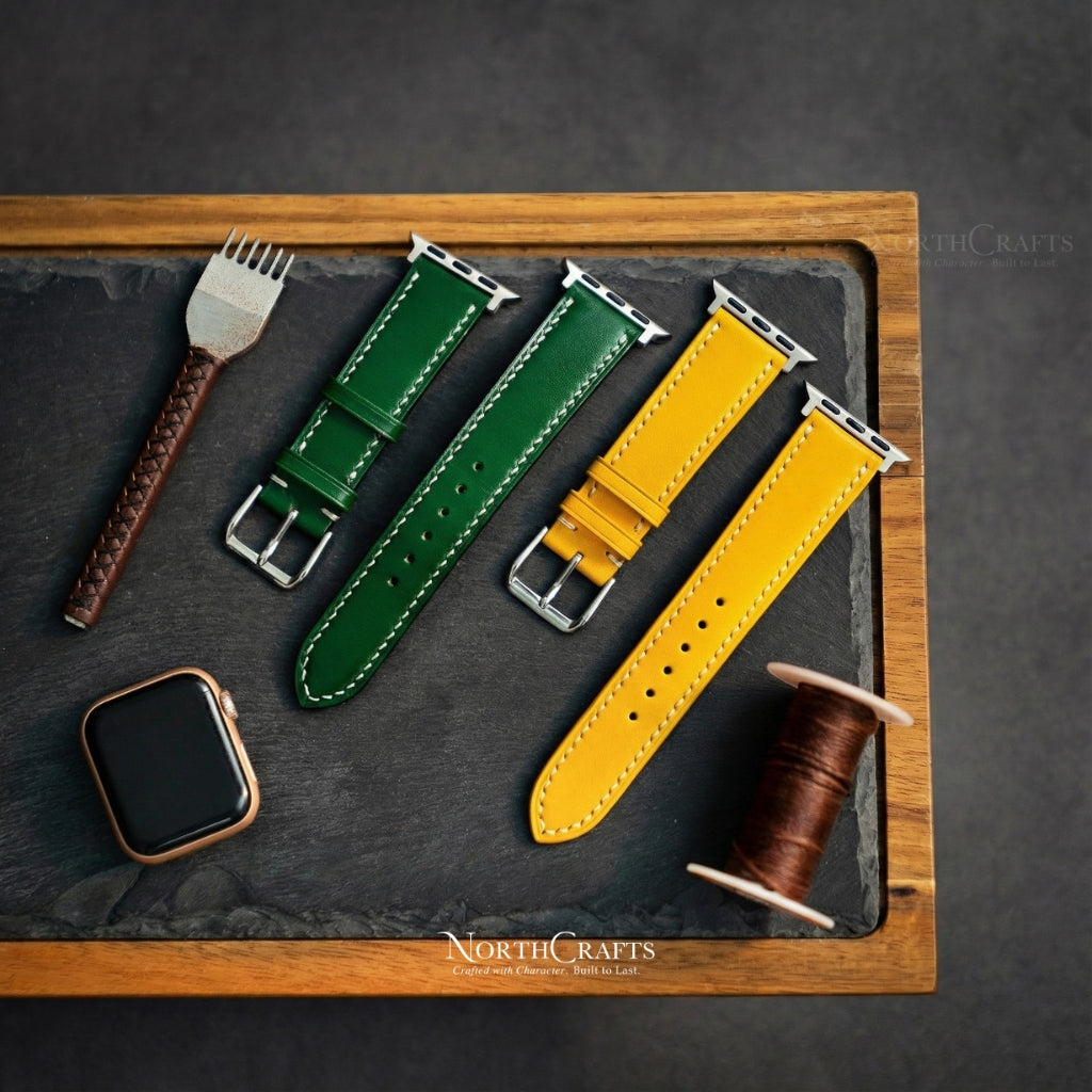 Green Leather iWatch Band (38mm–49mm) for Apple Watch Series SE2, 11, 10, 9, 8 & 7 – Personalized Handmade – NorthCrafts | NorthCrafts