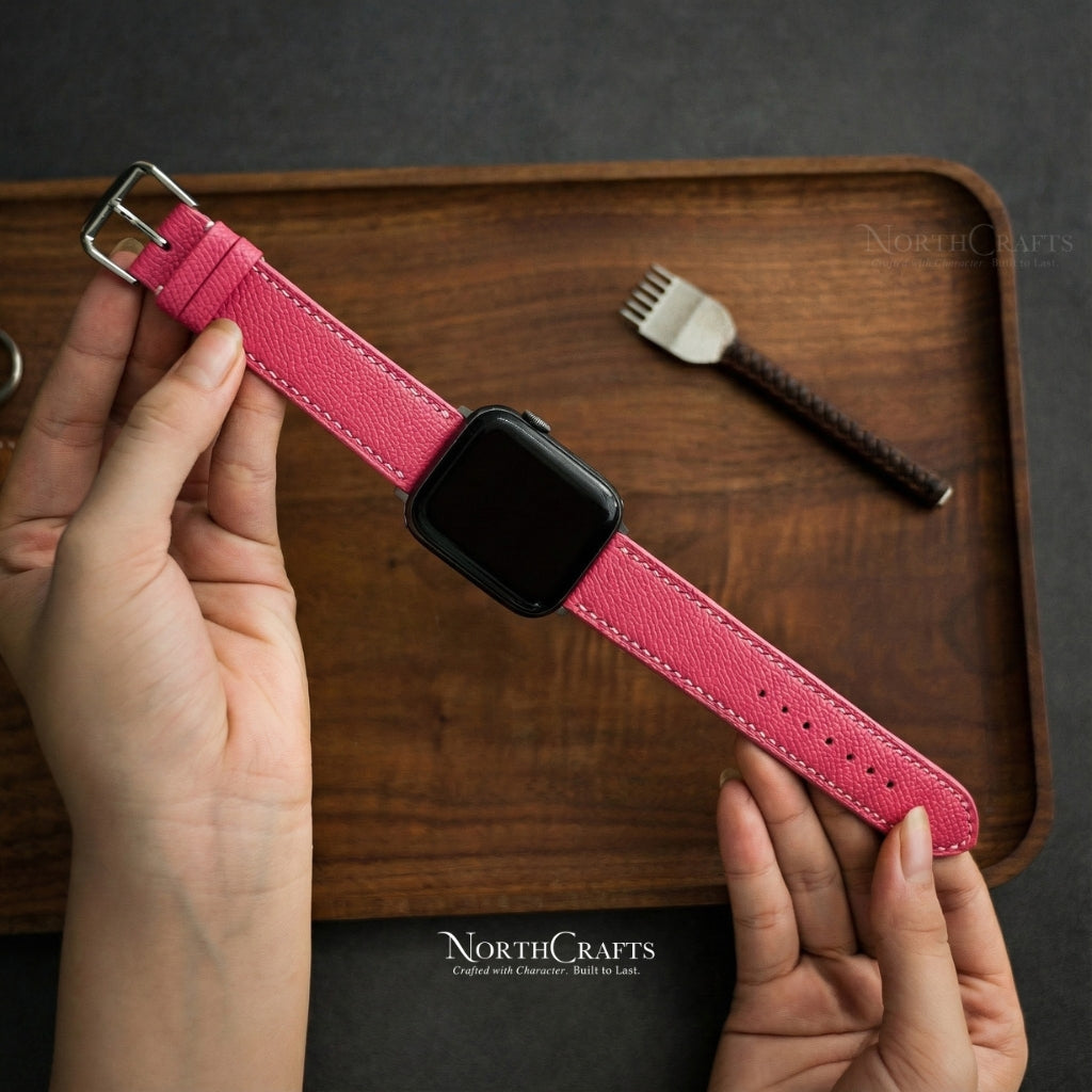 Mallow Pink Leather iWatch Band (38mm–49mm) for Apple Watch Series SE2, 11, 10, 9, 8 & 7 – Personalized Handmade – NorthCrafts | NorthCrafts