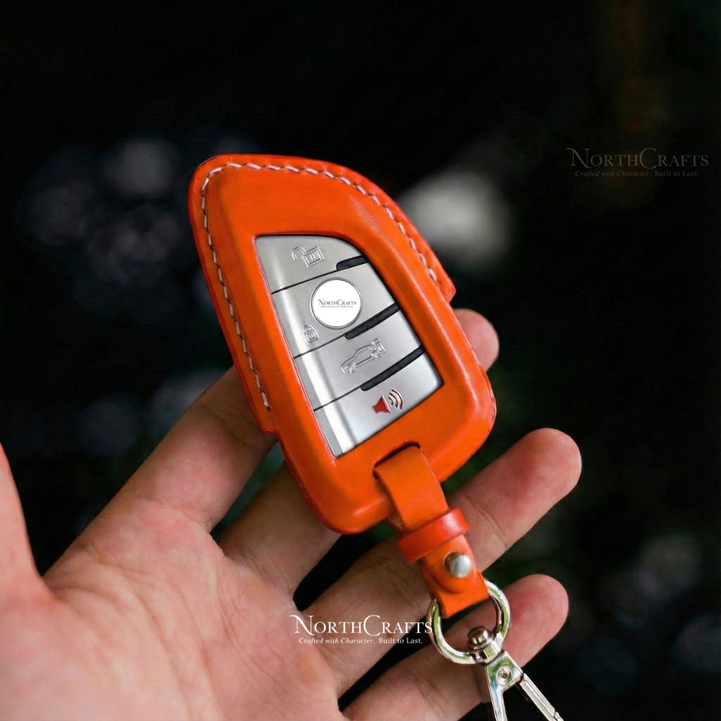 Leather Key Fob Cover with Strap and Initial Charm for BMW X1, X2, X3, X5, X6 & 7 Series – Personalized Handmade – NorthCrafts | NorthCrafts