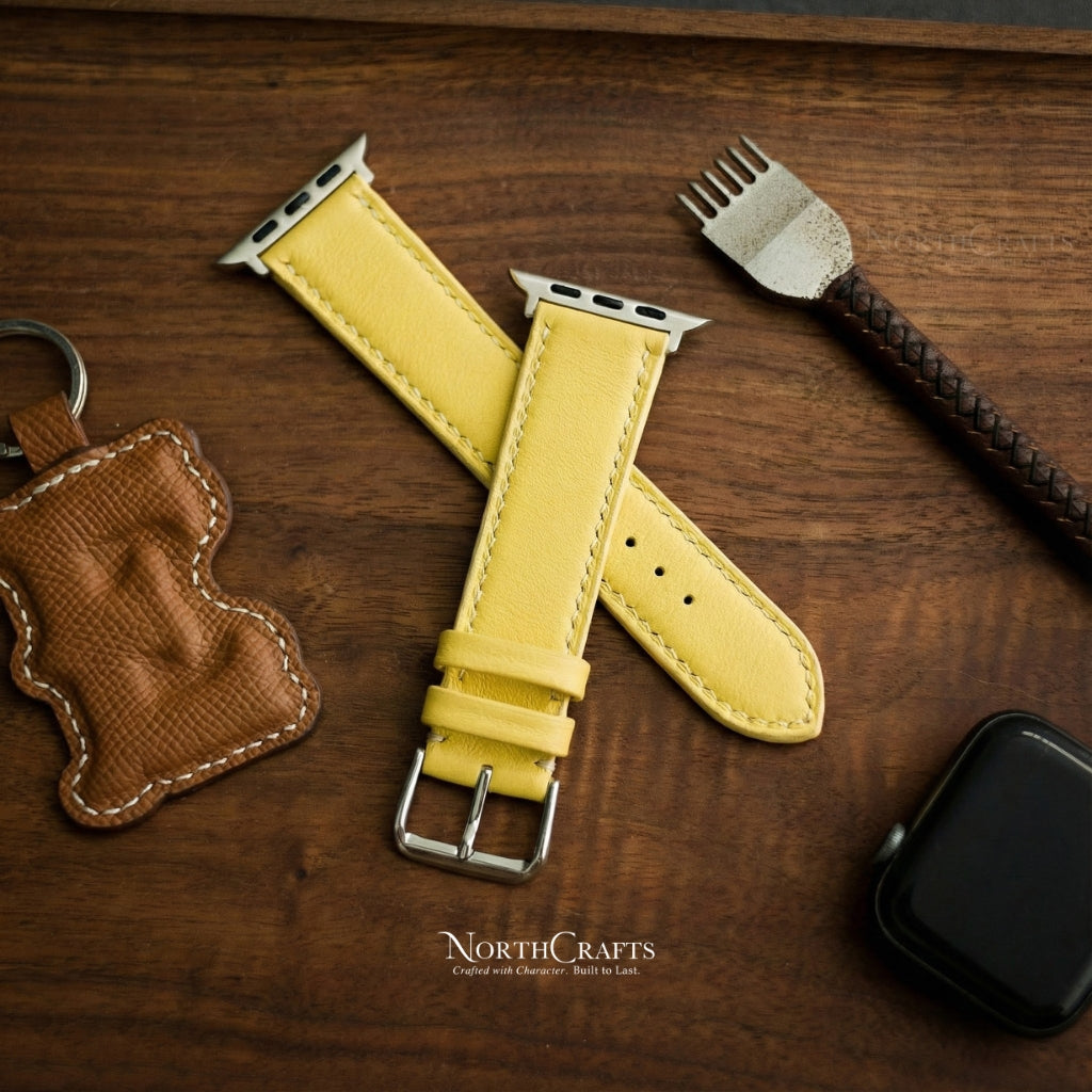 Yellow Leather iWatch Band (38mm–49mm) for Apple Watch Series SE2, 11, 10, 9, 8 & 7 – Personalized Handmade – NorthCrafts | NorthCrafts
