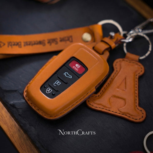 Leather Key Fob Cover with Strap & Initial Charm for Toyota RAV4 Camry Corolla Avalon C-HR Prius GT86 Highlander | NorthCrafts