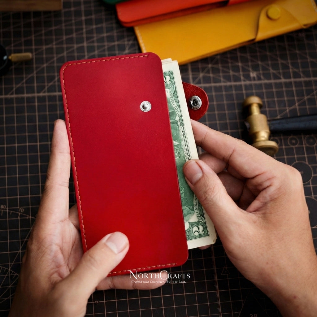 A7 Cash Envelope Long Minimal Leather Wallet for Women – Personalized Handmade – NorthCrafts | NorthCrafts