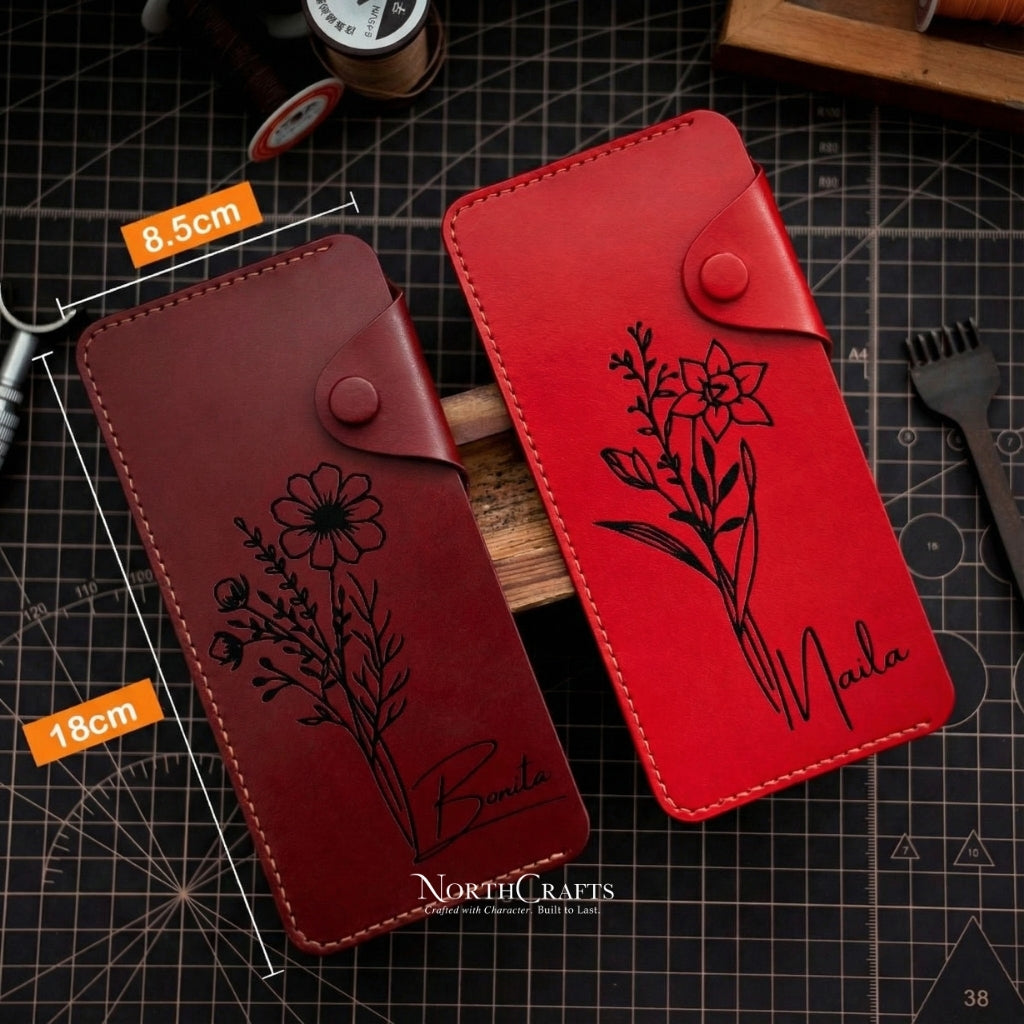 Birth Flower A7 Cash Envelope Long Leather Wallet – Personalized Handmade – NorthCrafts