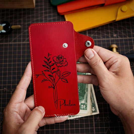 Birth Flower A7 Cash Envelope Long Leather Wallet – Personalized Handmade – NorthCrafts