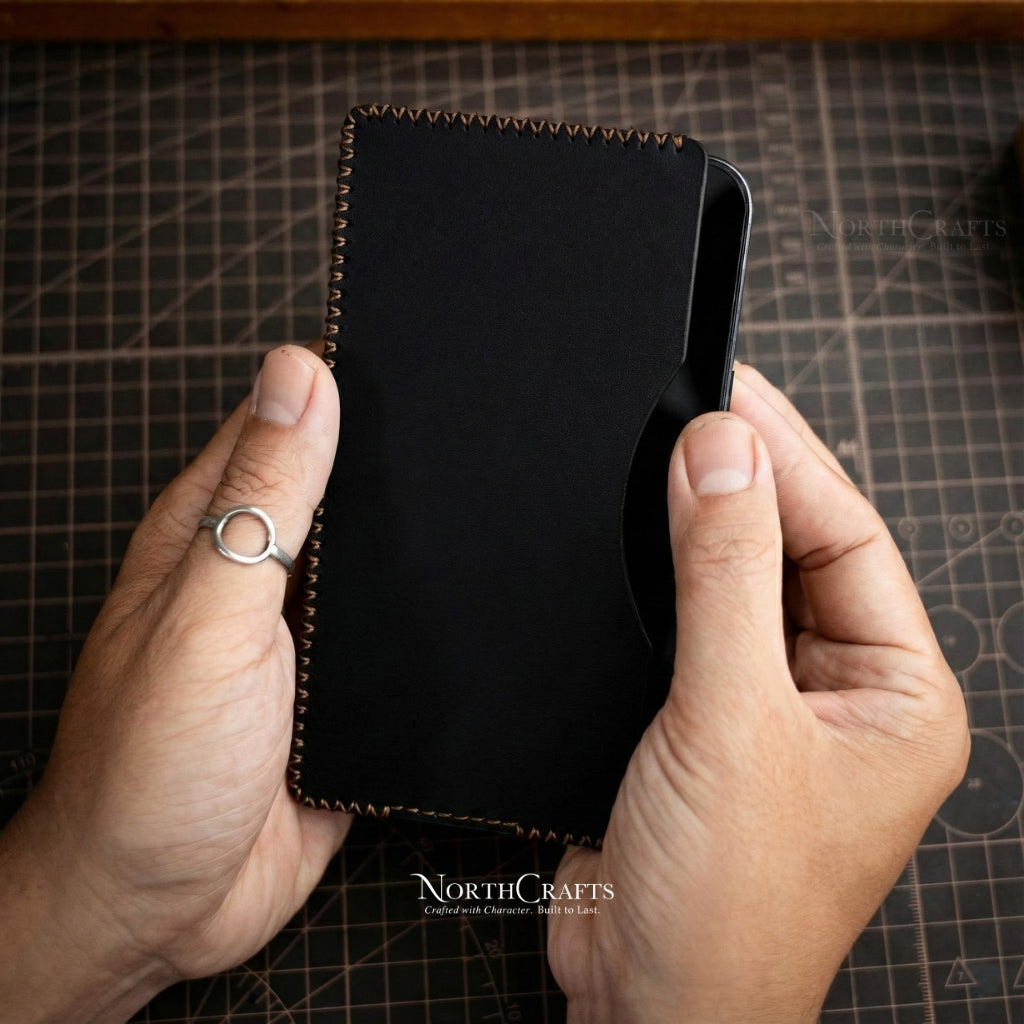 Black Full-Grain Leather Phone Sleeve for iPhone 17, 16, 15 & 14 Series – Personalized Handmade – NorthCrafts | NorthCrafts