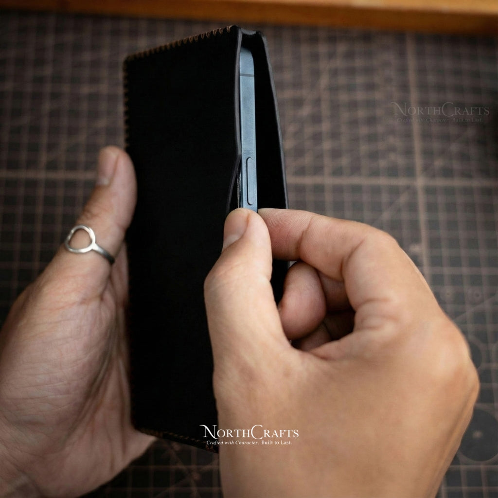 Black Full-Grain Leather Phone Sleeve for iPhone 17, 16, 15 & 14 Series – Personalized Handmade – NorthCrafts | NorthCrafts