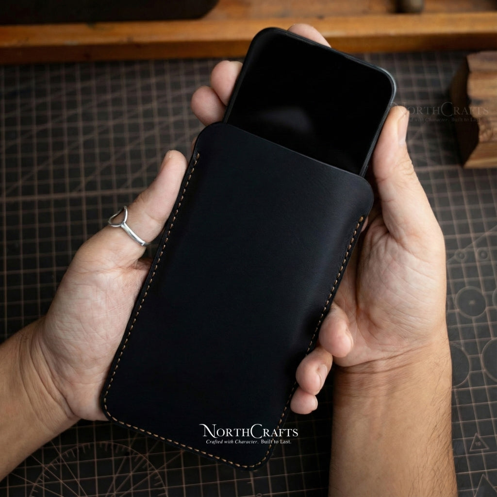 Black Full-Grain Leather Phone Sleeve for Samsung Galaxy Z, S, A & M Series – Personalized Handmade – NorthCrafts | NorthCrafts