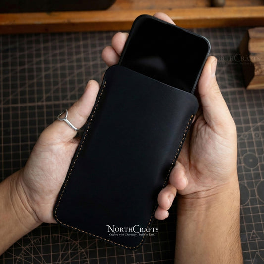 Black Full-Grain Leather Phone Sleeve for Samsung Galaxy Z, S, A & M Series – Personalized Handmade – NorthCrafts | NorthCrafts