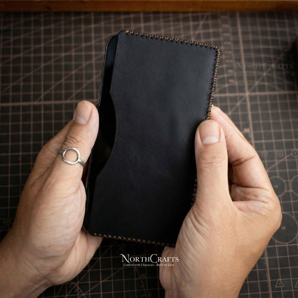 Black Full-Grain Leather Phone Sleeve for Samsung Galaxy Z, S, A & M Series – Personalized Handmade – NorthCrafts | NorthCrafts