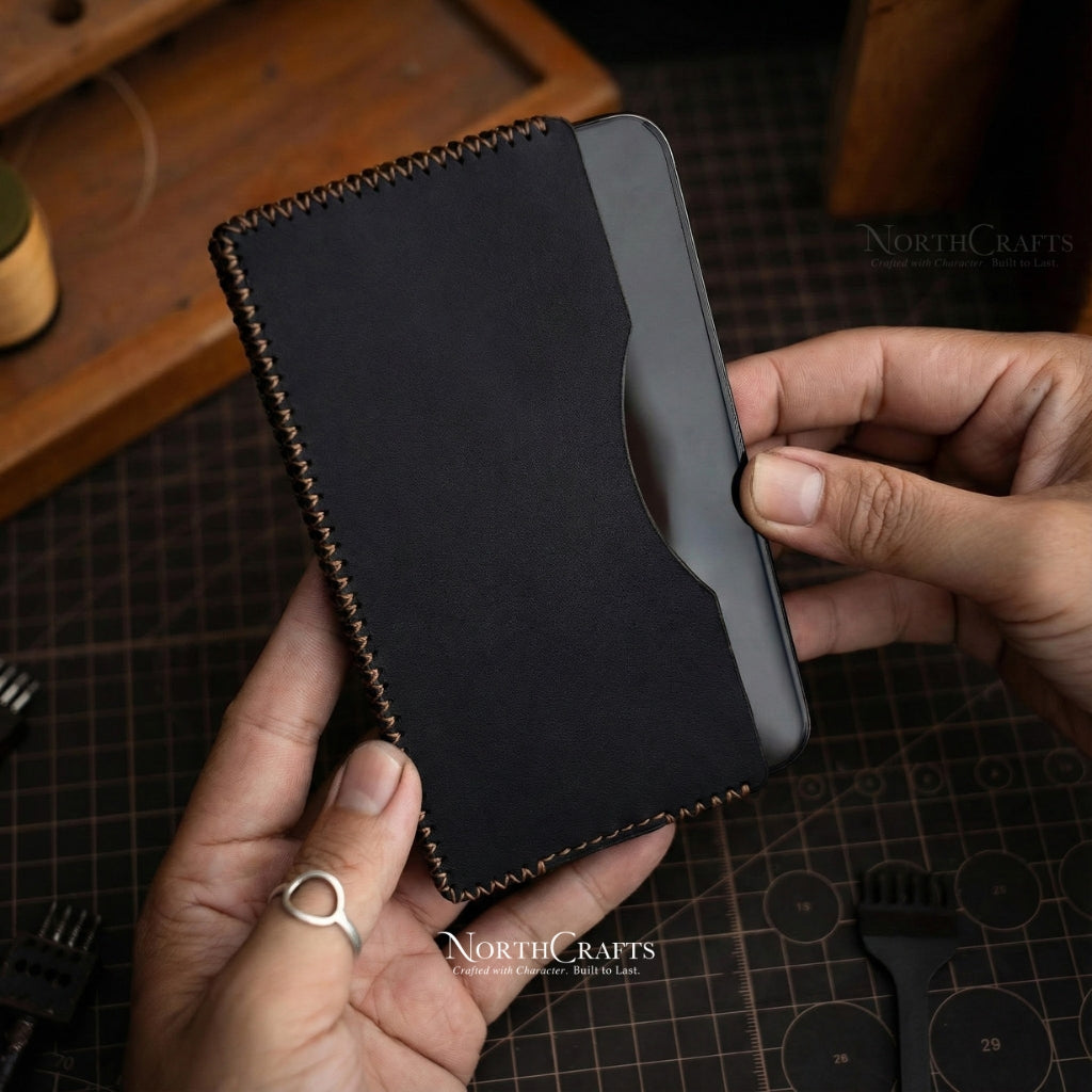 Black Full-Grain Leather Phone Sleeve for Samsung Galaxy Z, S, A & M Series – Personalized Handmade – NorthCrafts | NorthCrafts