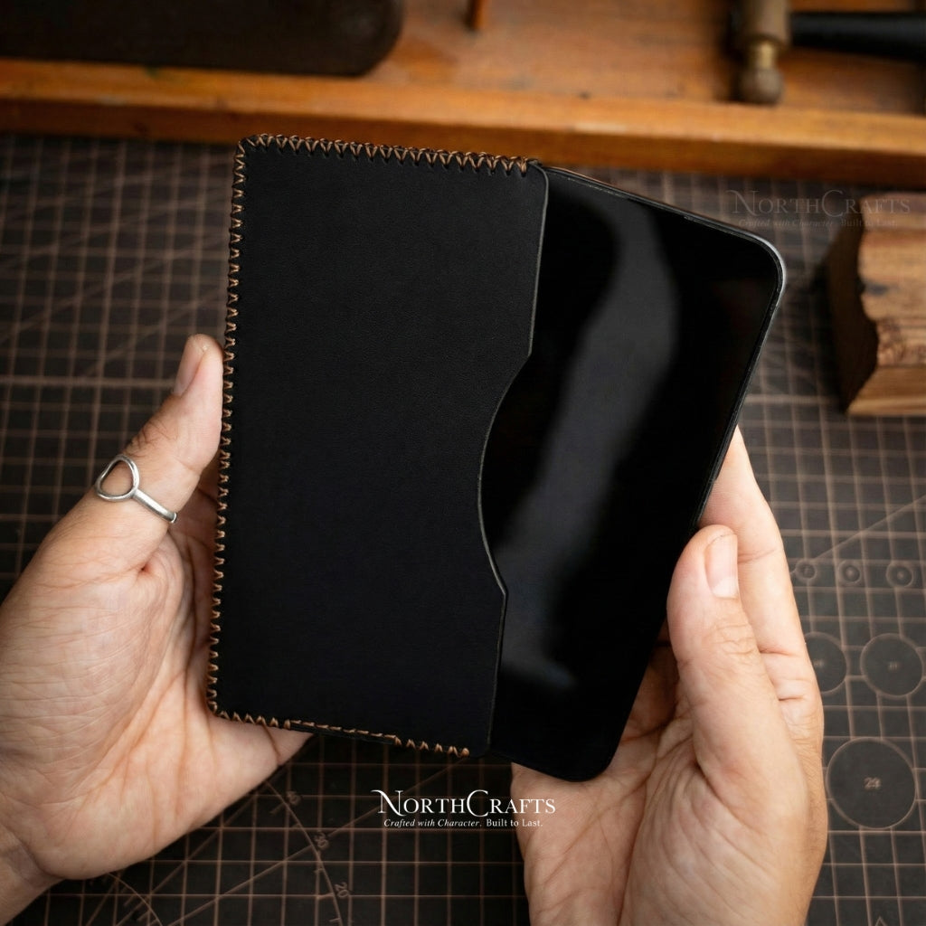 Black Full-Grain Leather Phone Sleeve for Samsung Galaxy Z, S, A & M Series – Personalized Handmade – NorthCrafts | NorthCrafts