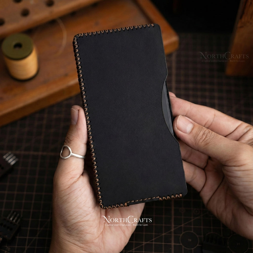 Black Full-Grain Leather Phone Sleeve for Samsung Galaxy Z, S, A & M Series – Personalized Handmade – NorthCrafts | NorthCrafts