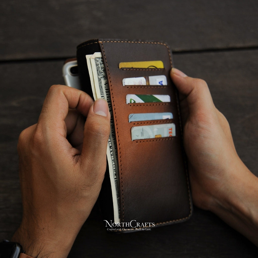 Brown Long Leather Wallet with Phone Holder for Men – Personalized Handmade – NorthCrafts | NorthCrafts