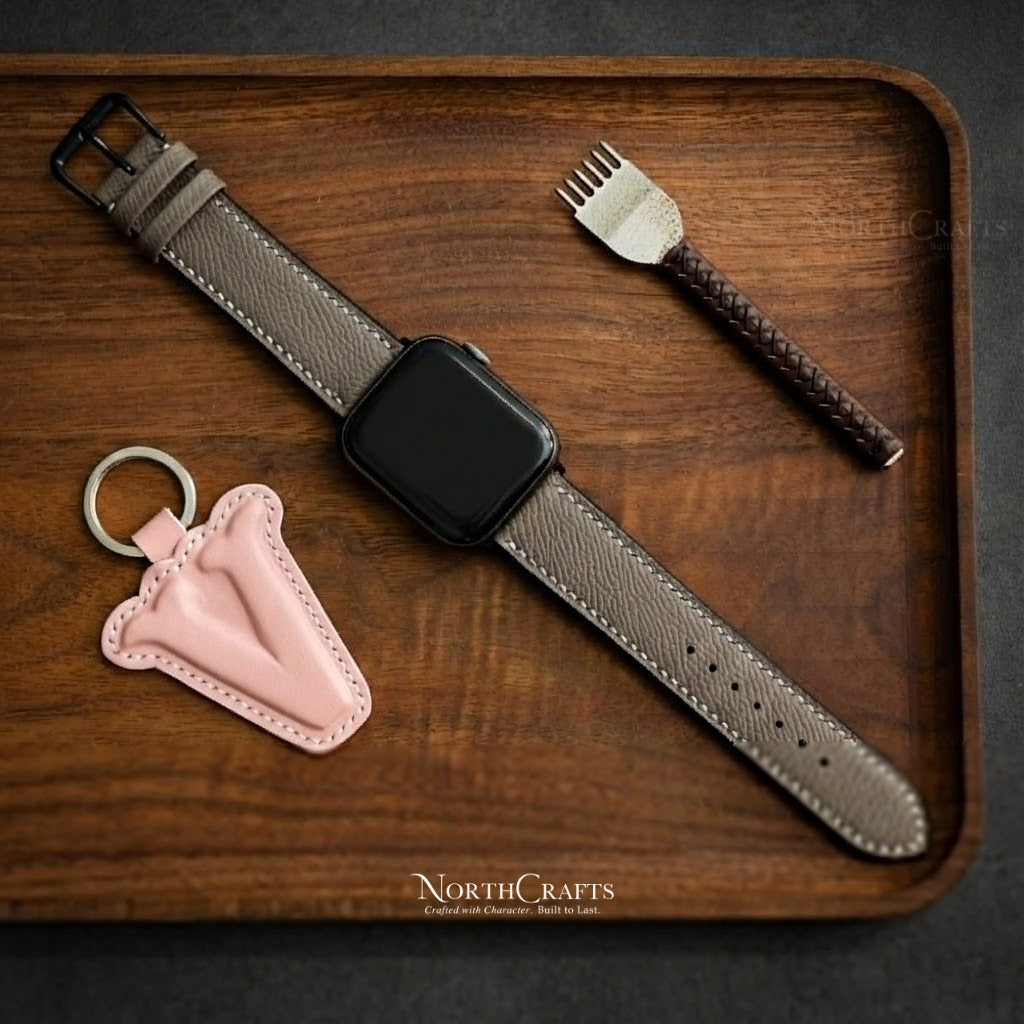 Brownish Grey Leather iWatch Band (38mm–49mm) for Apple Watch Series SE2, 10, 9, 8 & 7 – Personalized Handmade – NorthCrafts | NorthCrafts