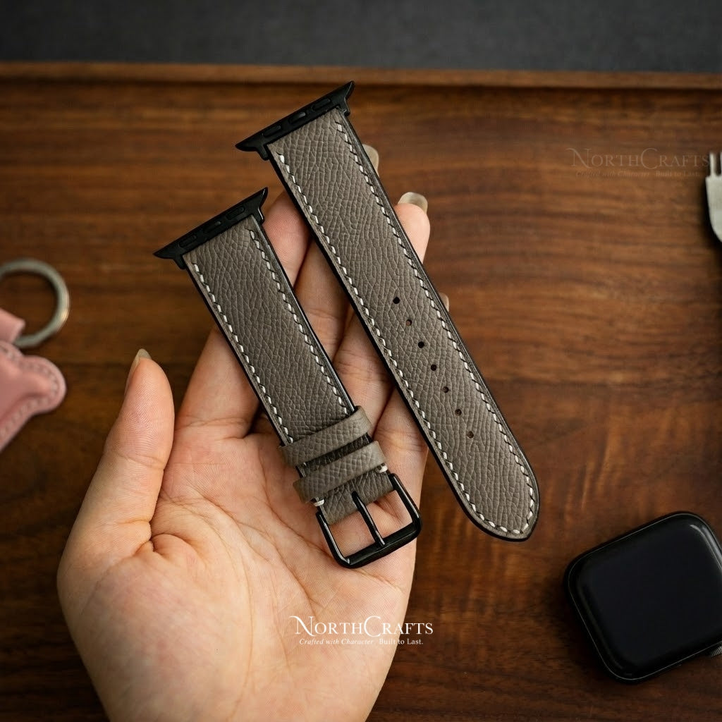 Brownish Grey Leather iWatch Band (38mm–49mm) for Apple Watch Series SE2, 10, 9, 8 & 7 – Personalized Handmade – NorthCrafts | NorthCrafts