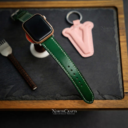 Green Leather iWatch Band (38mm–49mm) for Apple Watch Series SE2, 11, 10, 9, 8 & 7 – Personalized Handmade – NorthCrafts | NorthCrafts