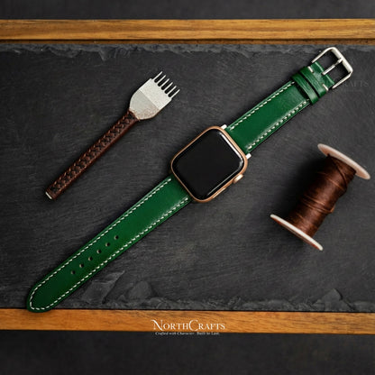 Green Leather iWatch Band (38mm–49mm) for Apple Watch Series SE2, 11, 10, 9, 8 & 7 – Personalized Handmade – NorthCrafts | NorthCrafts