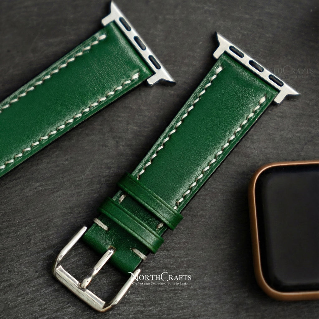 Green Leather iWatch Band (38mm–49mm) for Apple Watch Series SE2, 11, 10, 9, 8 & 7 – Personalized Handmade – NorthCrafts | NorthCrafts