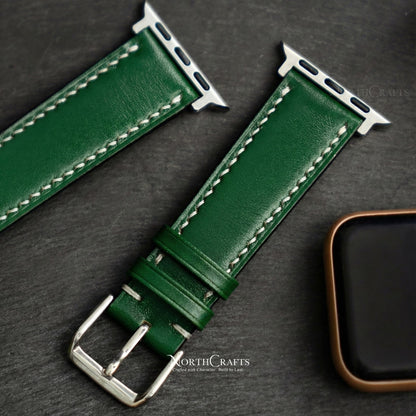 Green Leather iWatch Band (38mm–49mm) for Apple Watch Series SE2, 11, 10, 9, 8 & 7 – Personalized Handmade – NorthCrafts | NorthCrafts