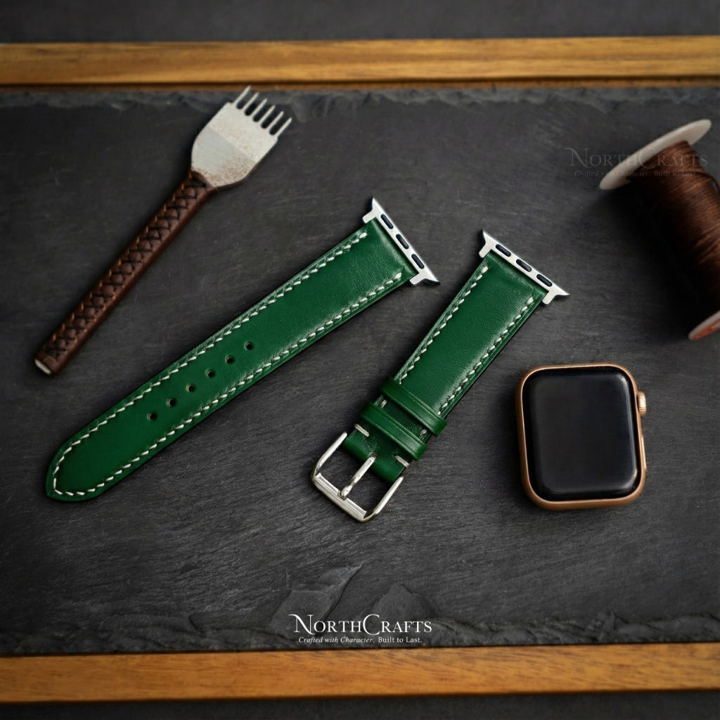 Green Leather iWatch Band (38mm–49mm) for Apple Watch Series SE2, 11, 10, 9, 8 & 7 – Personalized Handmade – NorthCrafts | NorthCrafts