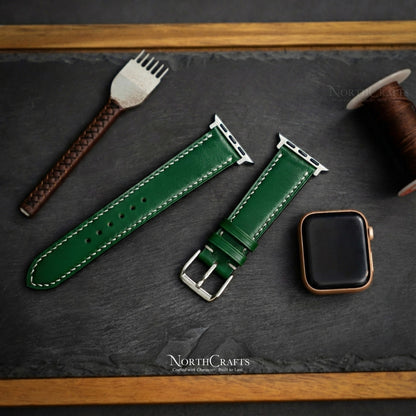 Green Leather iWatch Band (38mm–49mm) for Apple Watch Series SE2, 11, 10, 9, 8 & 7 – Personalized Handmade – NorthCrafts | NorthCrafts
