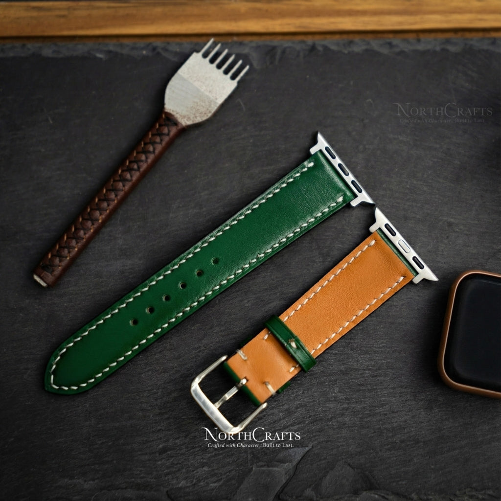Green Leather iWatch Band (38mm–49mm) for Apple Watch Series SE2, 11, 10, 9, 8 & 7 – Personalized Handmade – NorthCrafts | NorthCrafts