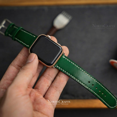 Green Leather iWatch Band (38mm–49mm) for Apple Watch Series SE2, 11, 10, 9, 8 & 7 – Personalized Handmade – NorthCrafts | NorthCrafts