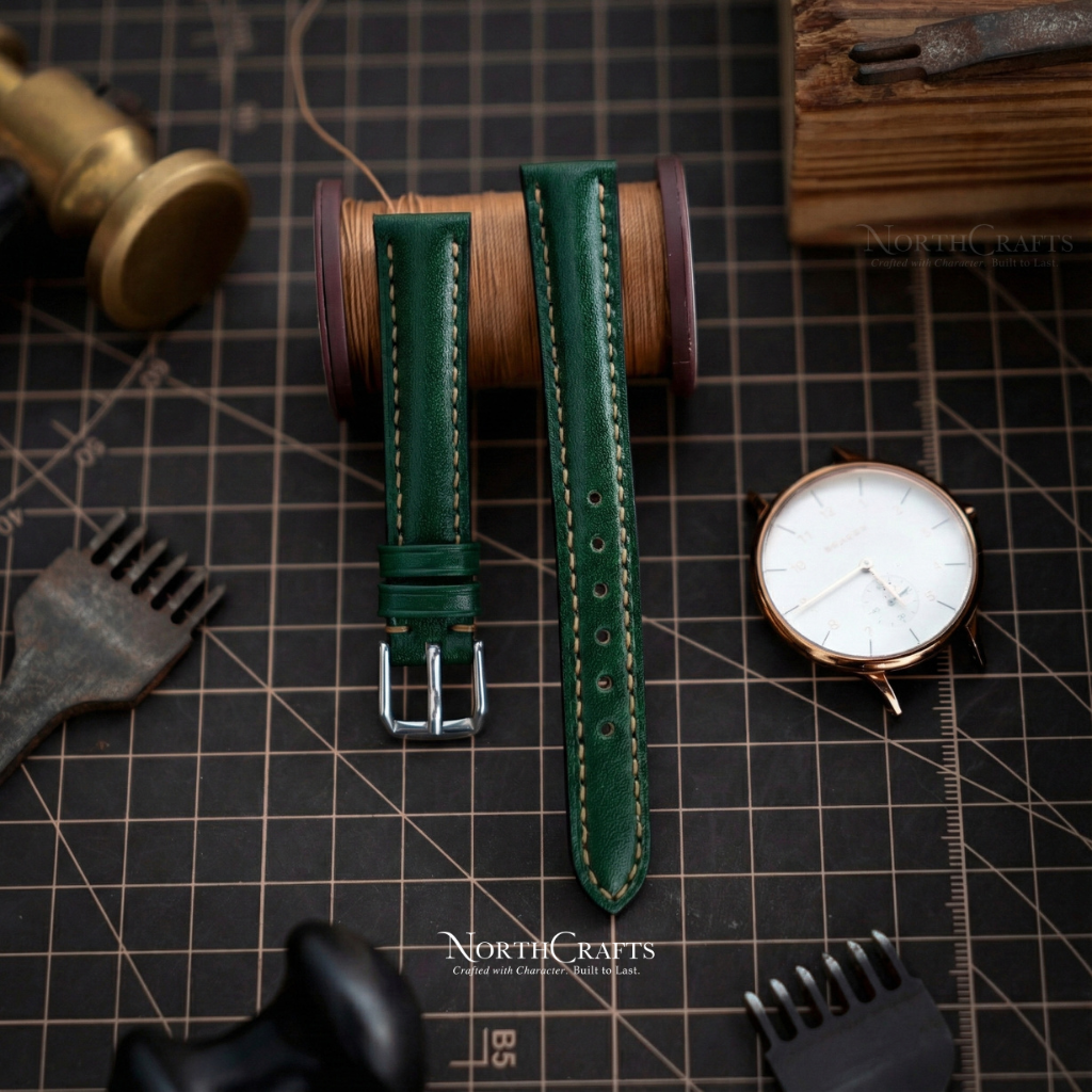 Green Leather Watch Strap for Women (8mm–14mm) – Personalized Handmade – NorthCrafts | NorthCrafts