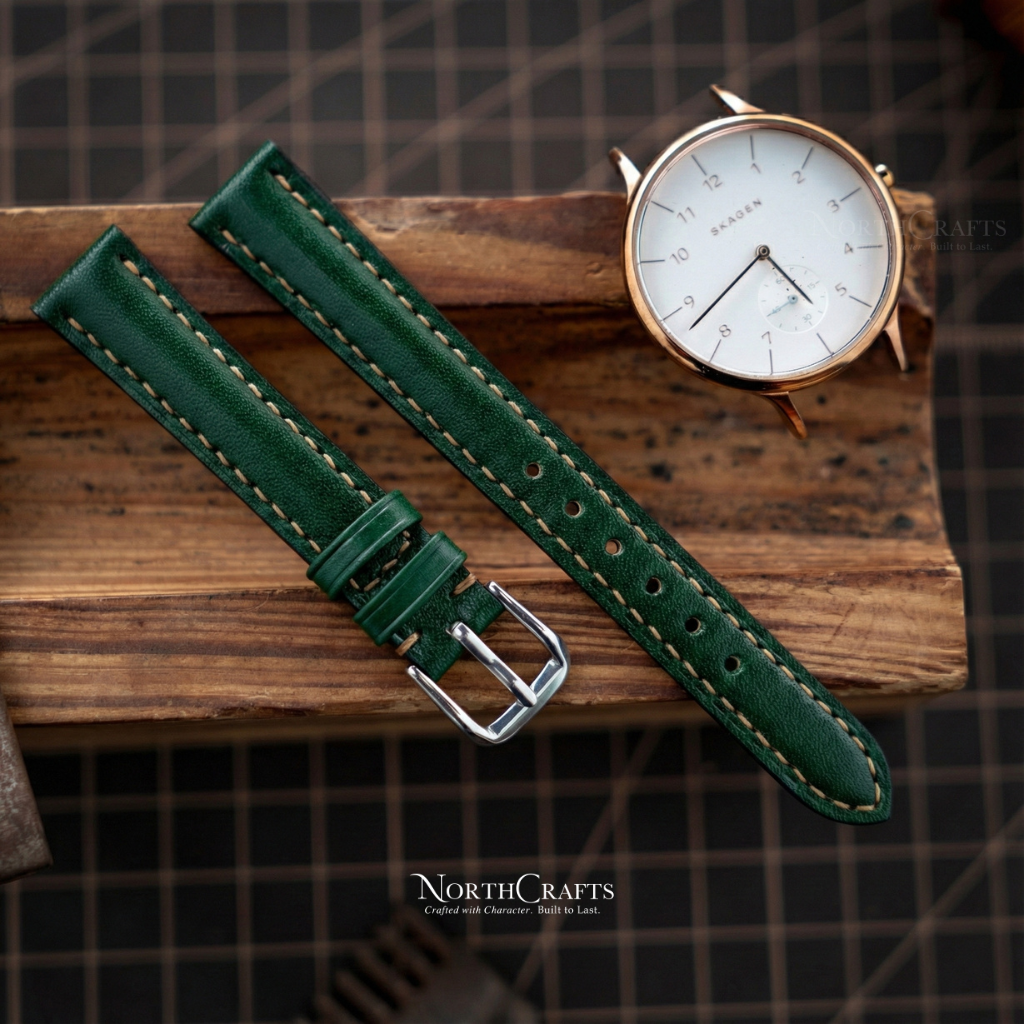 Green Leather Watch Strap for Women (8mm–14mm) – Personalized Handmade – NorthCrafts | NorthCrafts