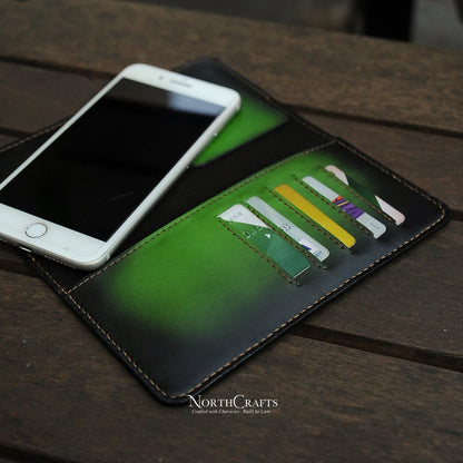 Green Long Leather Wallet with Phone Holder for Men – Personalized Handmade – NorthCrafts | NorthCrafts