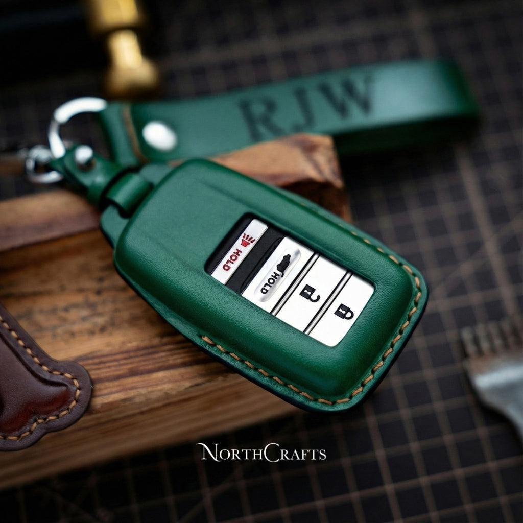 Leather Key Fob Cover with Strap & Initial Charm for Acura MDX CDX NSX RDX RLX TLX TLX-L | NorthCrafts