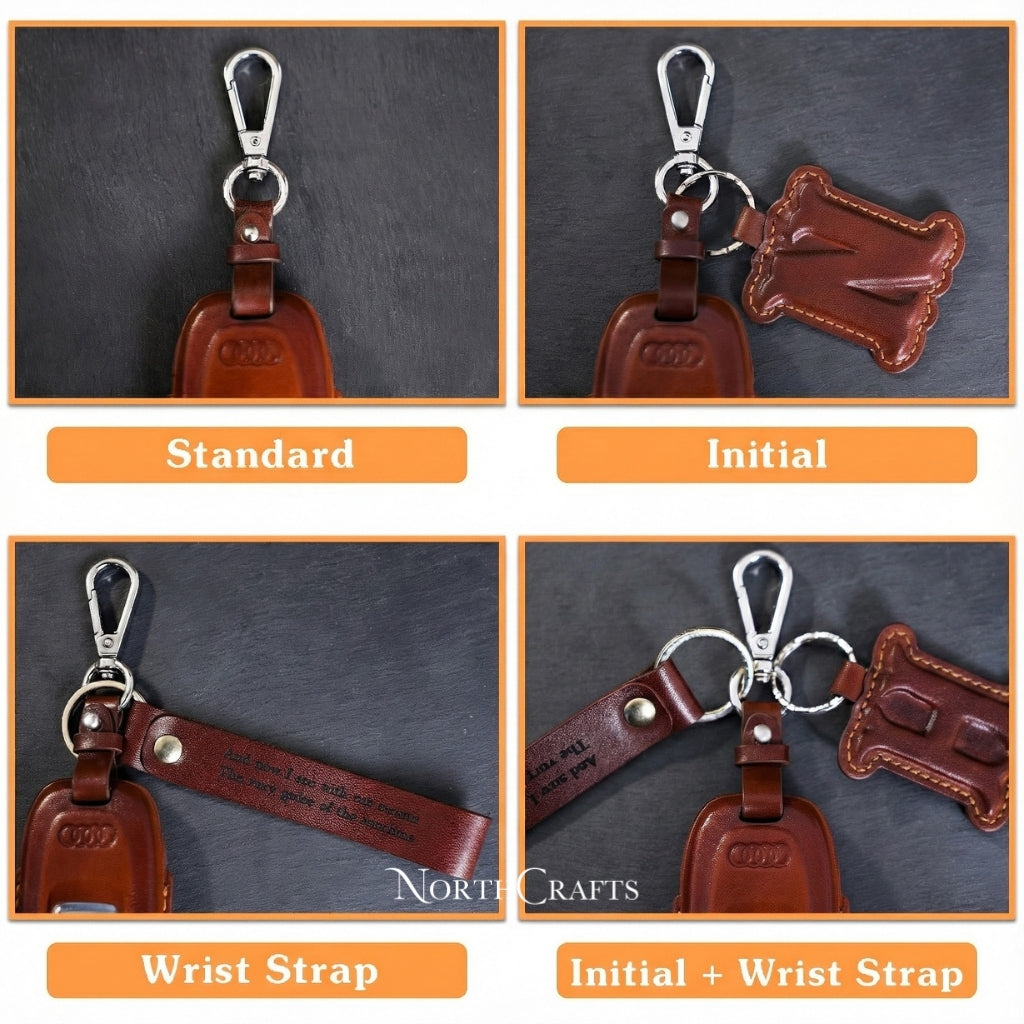 Leather Key Fob Cover with Strap & Initial Charm for Acura MDX CDX NSX RDX RLX TLX TLX-L | NorthCrafts