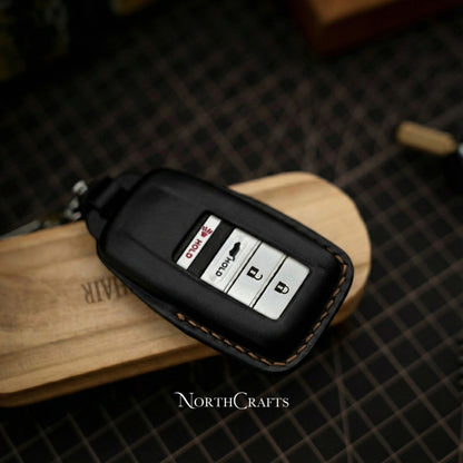 Leather Key Fob Cover with Strap & Initial Charm for Acura MDX CDX NSX RDX RLX TLX TLX-L | NorthCrafts