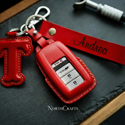Leather Key Fob Cover with Strap & Initial Charm for Acura MDX CDX NSX RDX RLX TLX TLX-L | NorthCrafts