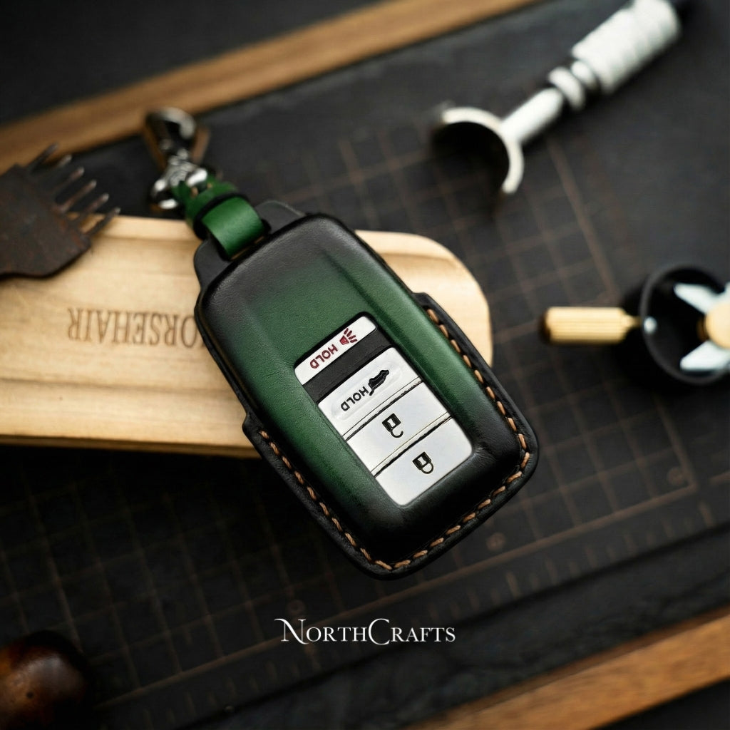 Leather Key Fob Cover with Strap & Initial Charm for Acura MDX CDX NSX RDX RLX TLX TLX-L | NorthCrafts