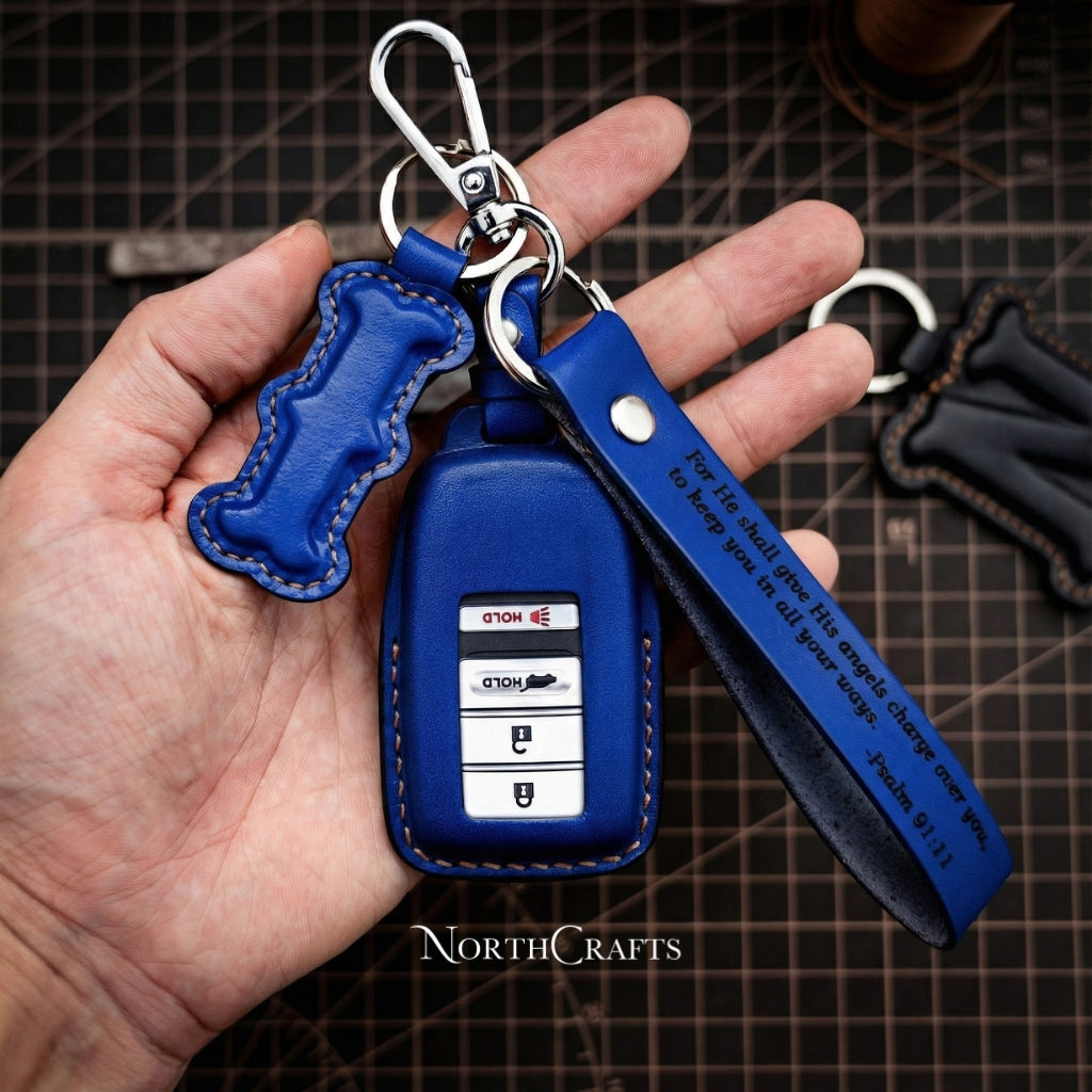 Leather Key Fob Cover with Strap & Initial Charm for Acura MDX CDX NSX RDX RLX TLX TLX-L | NorthCrafts