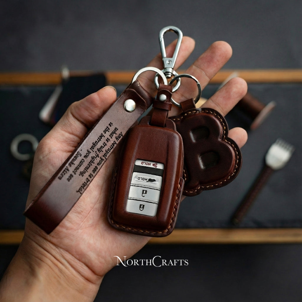 Leather Key Fob Cover with Strap & Initial Charm for Acura MDX CDX NSX RDX RLX TLX TLX-L | NorthCrafts