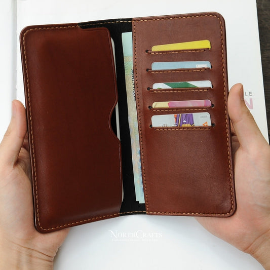 Dark Brown Leather Checkbook Long Wallet with Phone Holder – Personalized Handmade – NorthCrafts