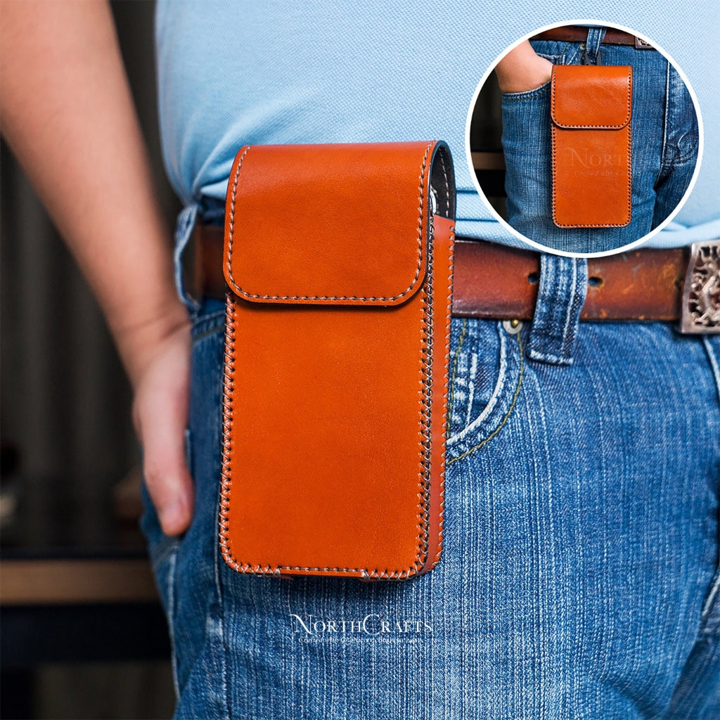 Leather Double Phone Pouch with Belt Loop for iPhone 14, 15, 16 & 17 Series – Personalized Handmade – NorthCrafts | NorthCrafts
