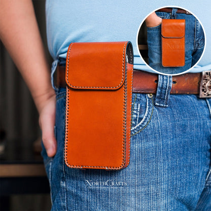 Leather Double Phone Pouch with Belt Loop for iPhone 14, 15, 16 & 17 Series – Personalized Handmade – NorthCrafts | NorthCrafts