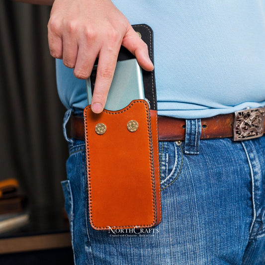 Leather Double Phone Pouch with Belt Loop for iPhone 14, 15, 16 & 17 Series – Personalized Handmade – NorthCrafts | NorthCrafts