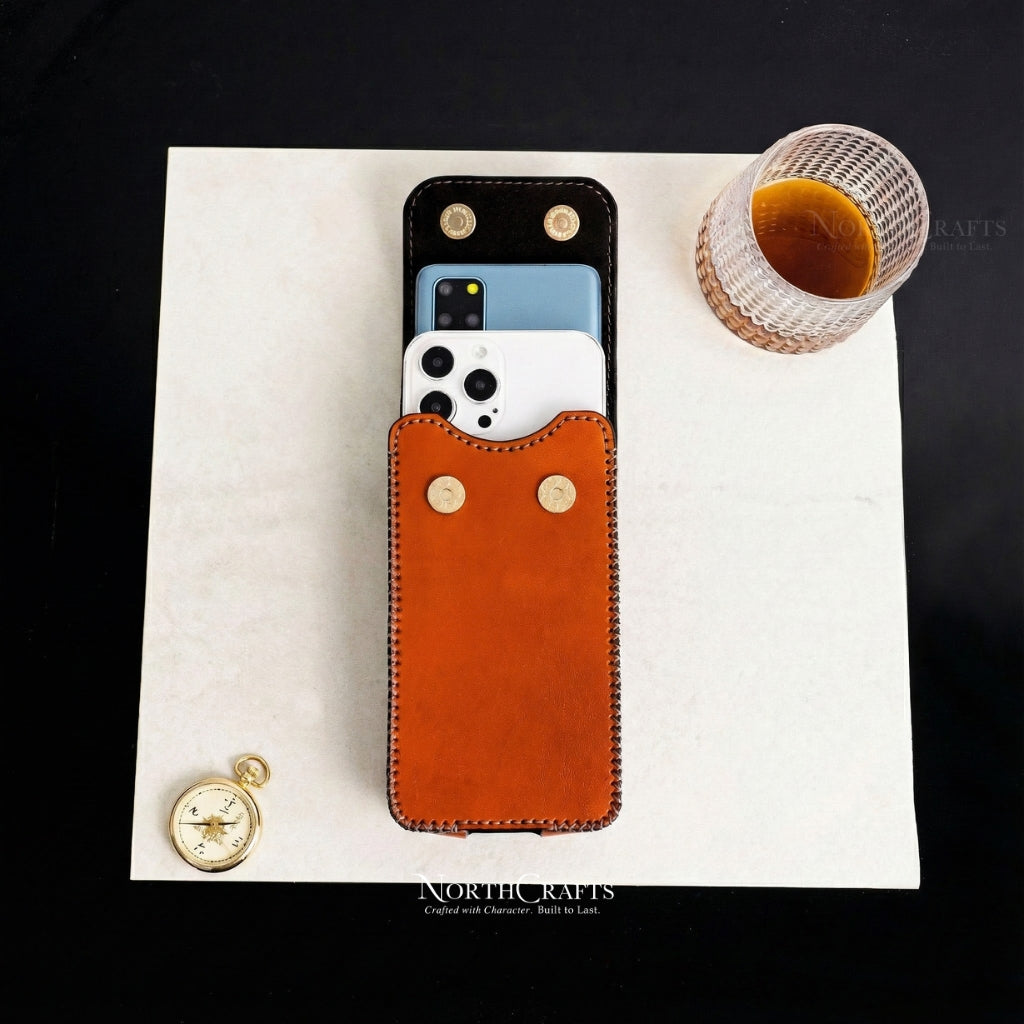 Leather Double Phone Pouch with Belt Loop for iPhone 14, 15, 16 & 17 Series – Personalized Handmade – NorthCrafts | NorthCrafts