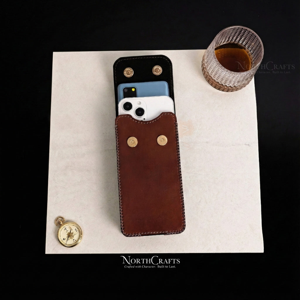 Leather Double Phone Pouch with Belt Loop for iPhone 14, 15, 16 & 17 Series – Personalized Handmade – NorthCrafts | NorthCrafts