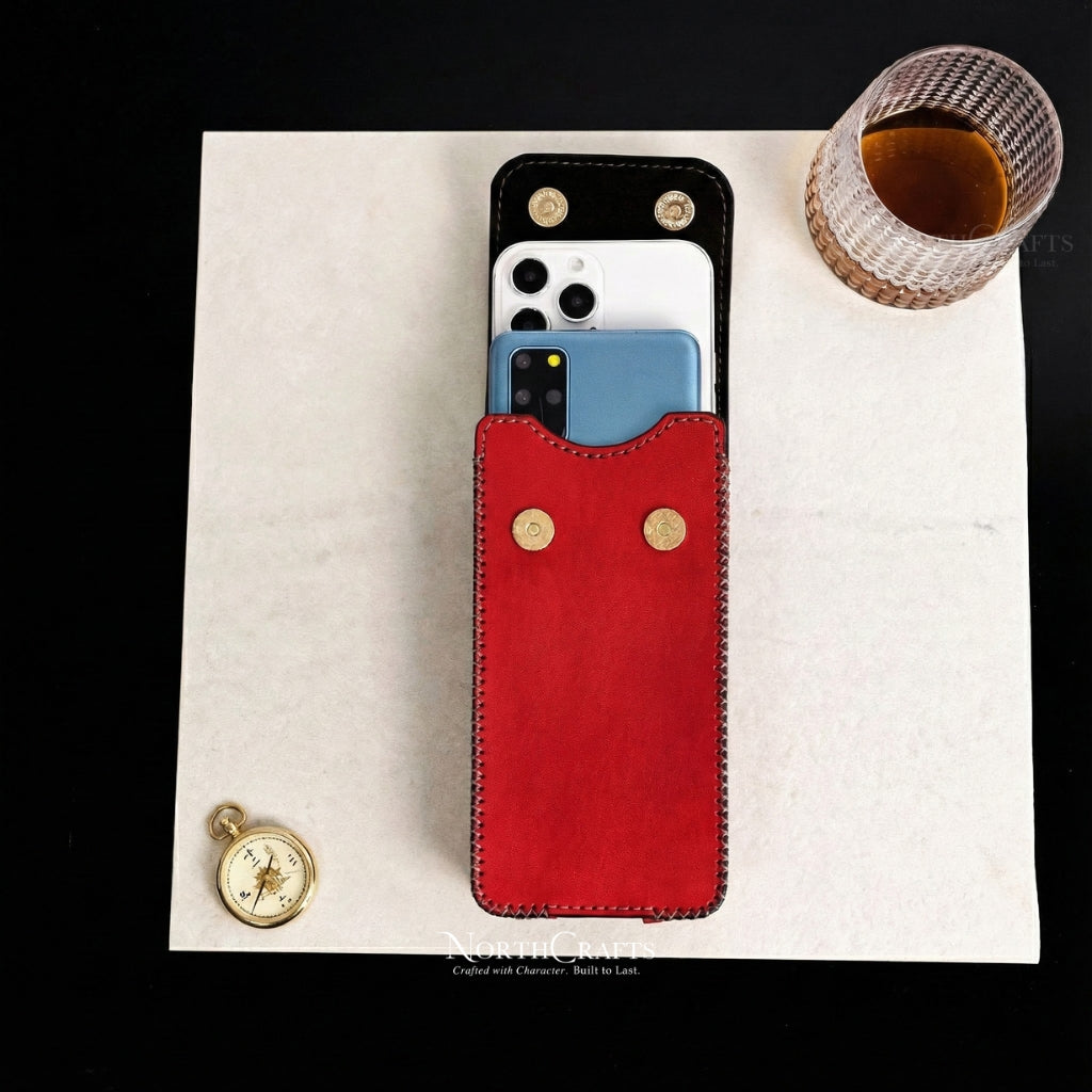 Leather Double Phone Pouch with Belt Loop for iPhone 14, 15, 16 & 17 Series – Personalized Handmade – NorthCrafts | NorthCrafts