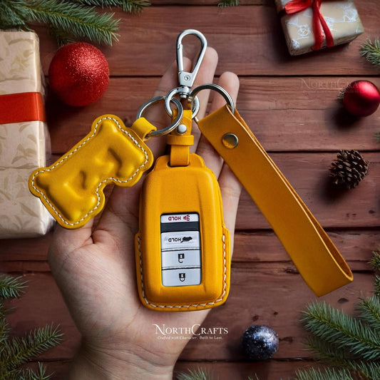 Leather Key Fob Cover with Strap & Initial Charm for Acura MDX CDX NSX RDX RLX TLX TLX-L | NorthCrafts