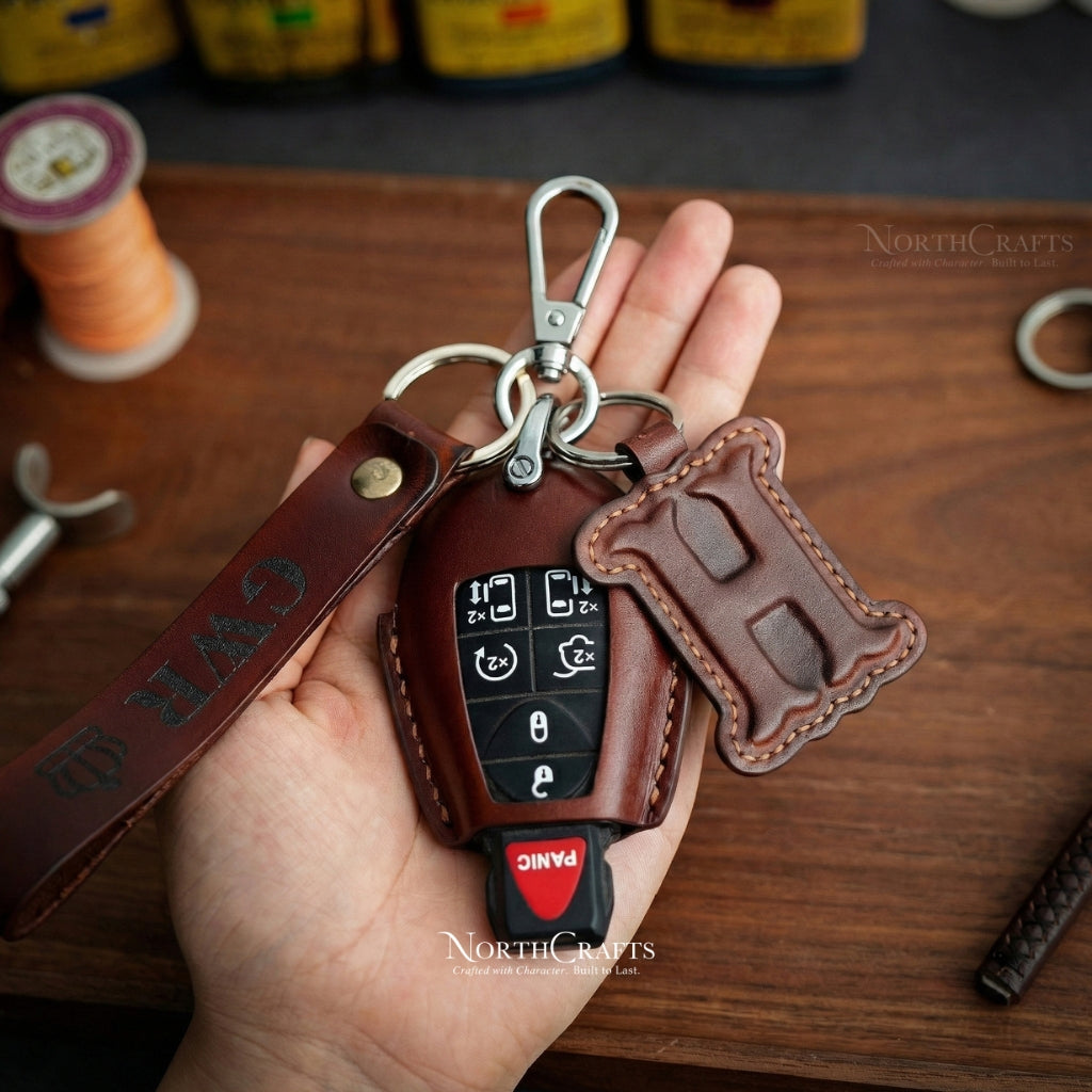 Leather Key Fob Cover for Chrysler Dodge Jeep - Challenger Charger Durango Grand Caravan Journey Magnum Ram Commander Grand Cherokee | NorthCrafts