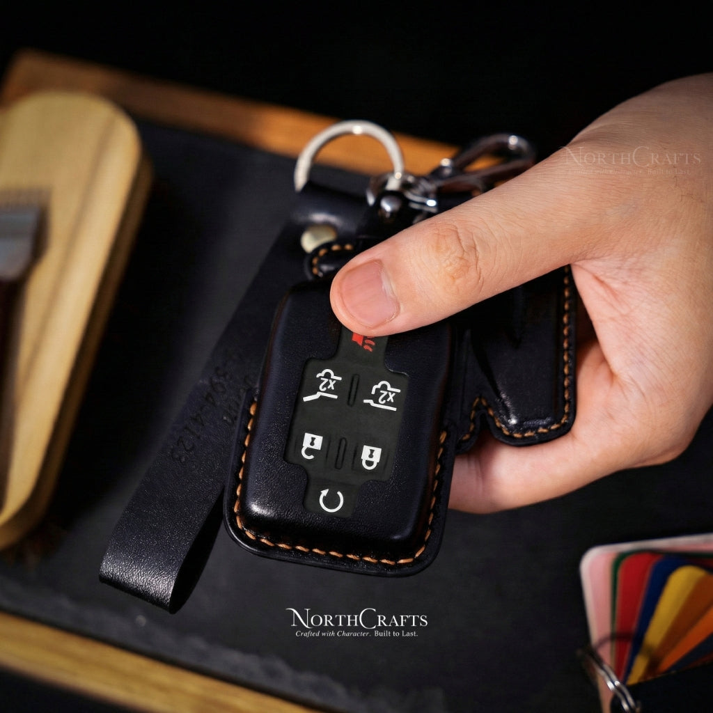 Leather Key Fob Cover for Yukon, Sierra, Canyon, Tahoe, Suburban, Silverado & Colorado – Personalized Handmade – NorthCrafts | NorthCrafts