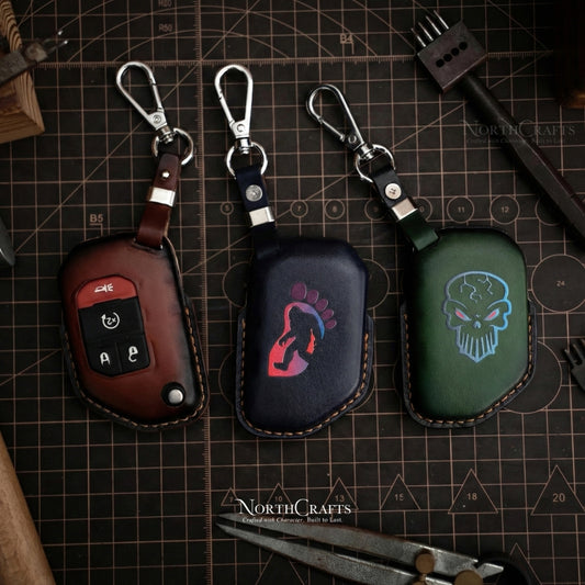 Leather Key Fob Cover for Jeep Wrangler Gladiator Rubicon - Custom Logo Engraved | NorthCrafts